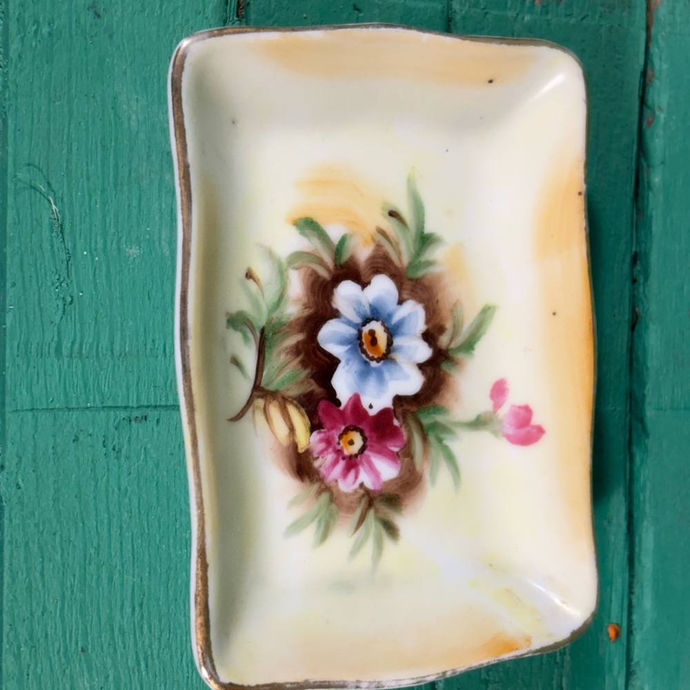 Enesco Cream and Pink Ceramic Art Tray with Floral Design